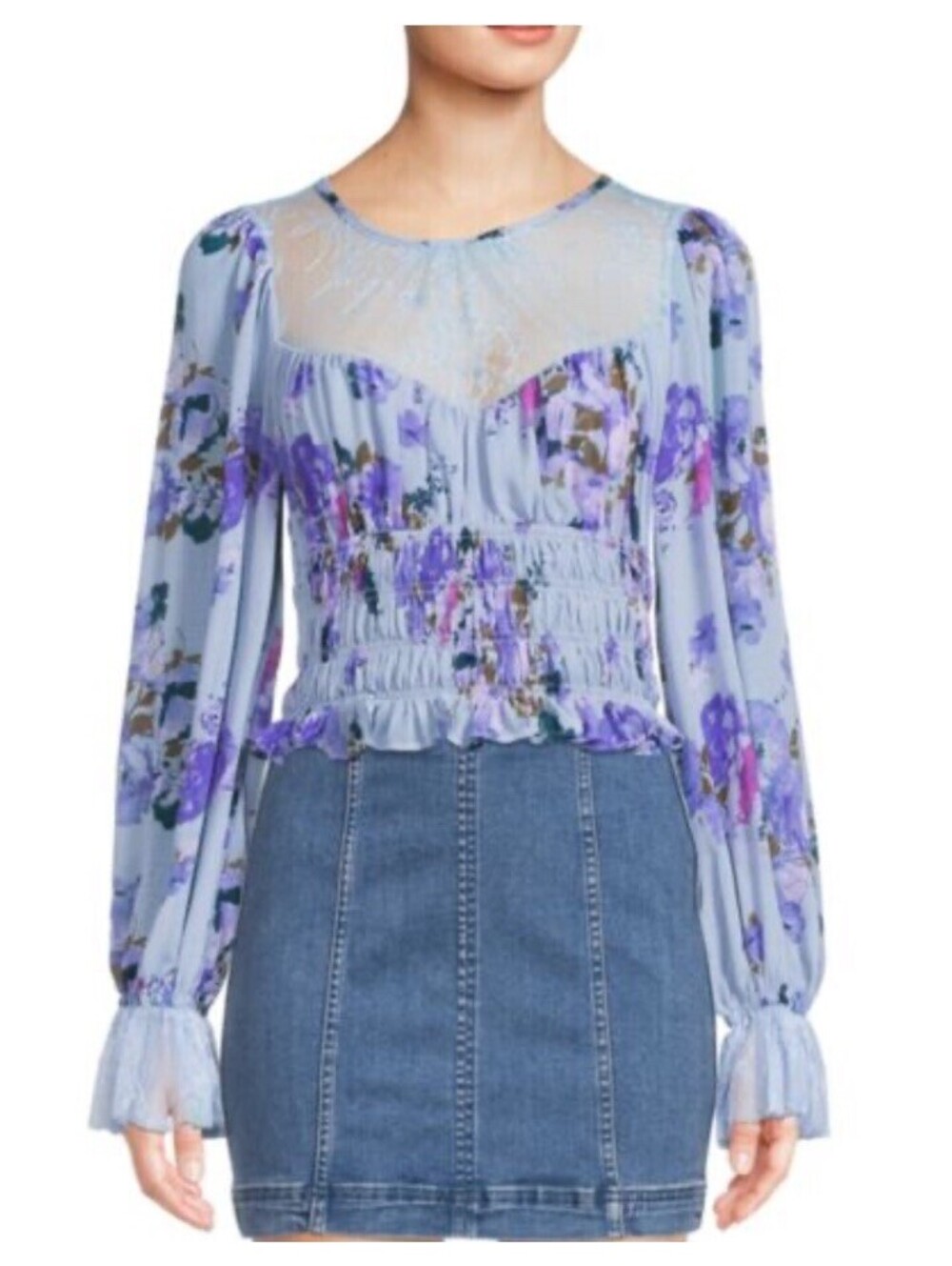 Free People Silver Blue Daphne Blouse Smocked Cropped OB1367039 Womens Small S
